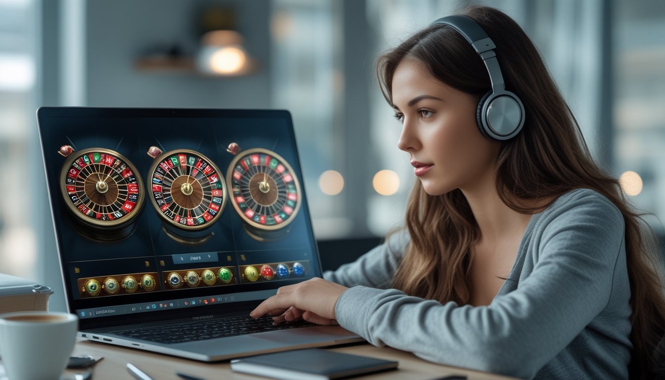 Seorang wanita muda fokus bermain roulette multi-roda secara online di laptop di ruangan modern.
