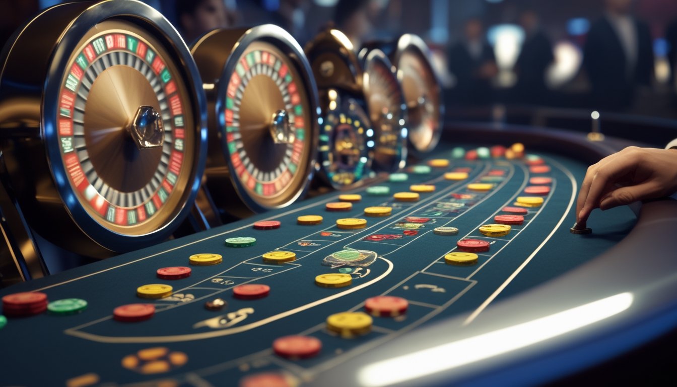 Beberapa roda roulette berputar di meja kasino dengan tumpukan chip berwarna-warni dan pemain yang mengamati di latar belakang.
