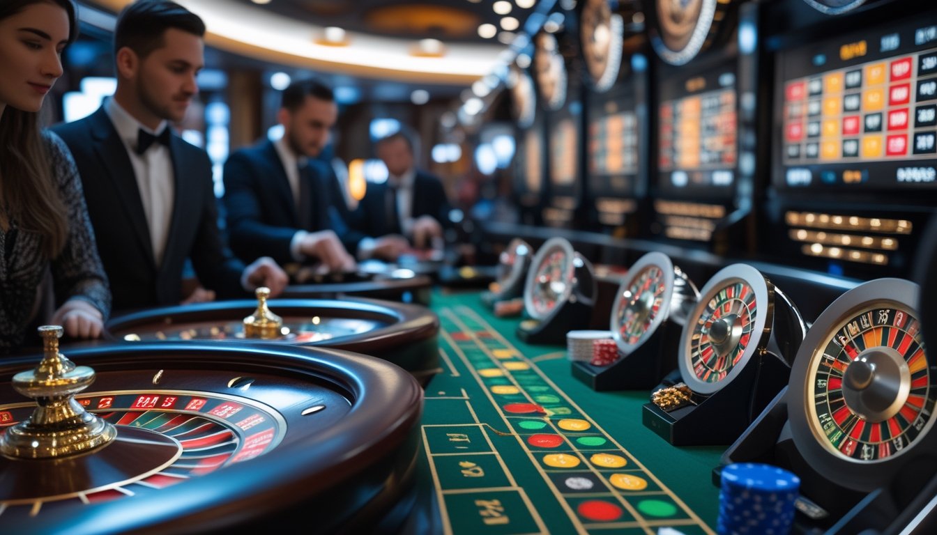 Beberapa meja roulette multi-wheel di kasino dengan pemain dan dealer yang fokus bermain.