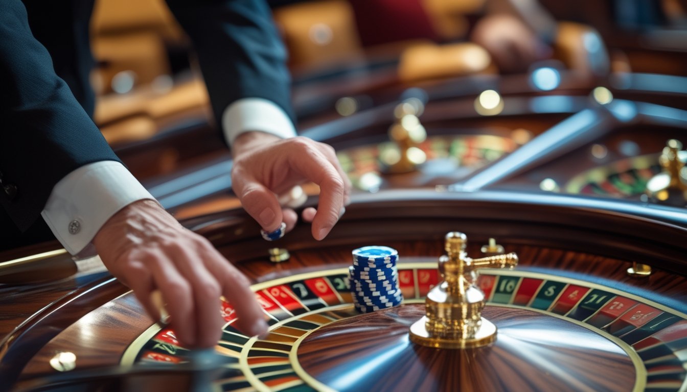 Tangan pemain sedang mengatur kecepatan dan fokus pada beberapa roda roulette yang berputar di meja kasino.