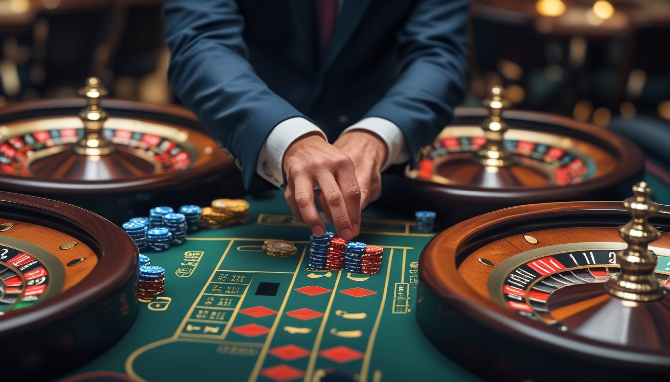 Seorang pemain berjubah rapi sedang memasang taruhan di meja roulette dengan beberapa roda roulette yang berputar bersamaan di kasino.