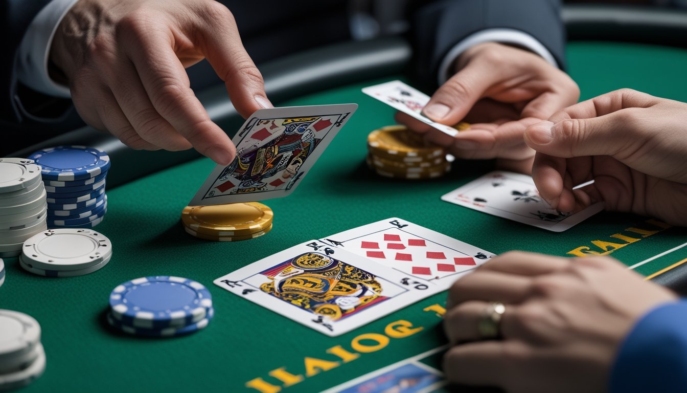 Tangan pemain poker sedang memegang kartu dan membuang kartu di meja hijau dengan tumpukan chip poker di sekitar.