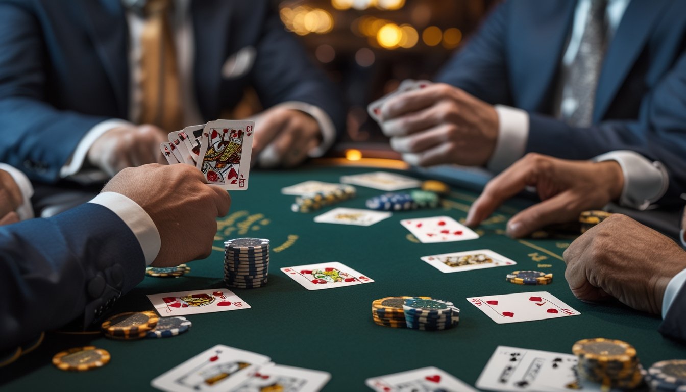 Meja poker dengan tangan pemain yang memegang kartu dan tumpukan chip di lingkungan kasino.