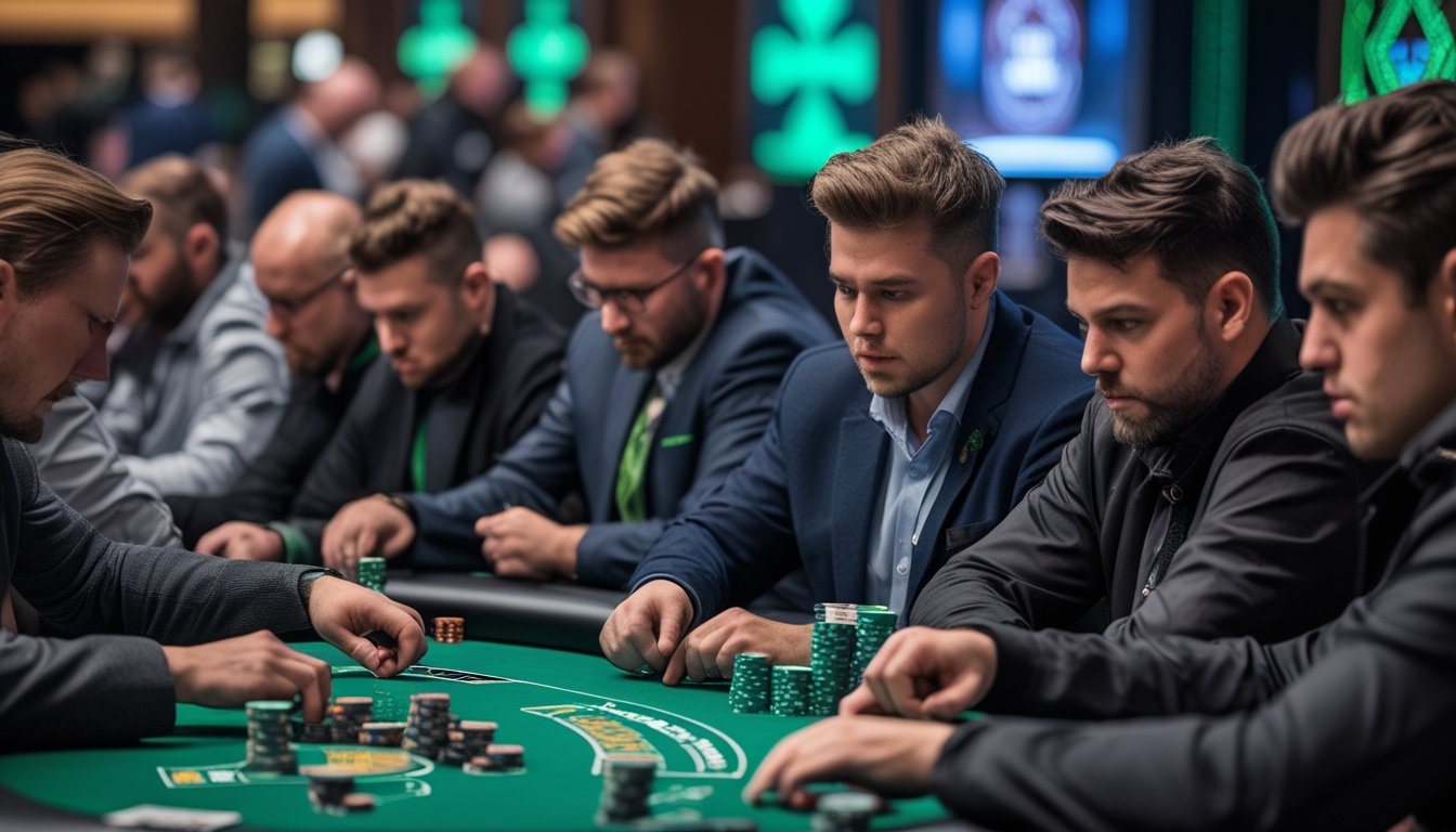 Sekelompok pemain poker sedang fokus bermain di meja poker dengan suasana kasino modern dan dekorasi bertema Irlandia.