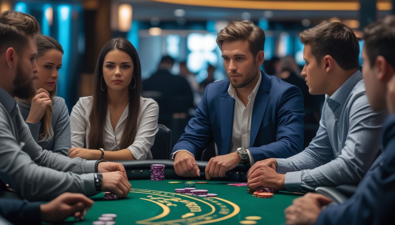 Seorang pemain poker serius duduk di meja poker hijau dengan chip dan kartu, dikelilingi oleh pemain lain di kasino modern.
