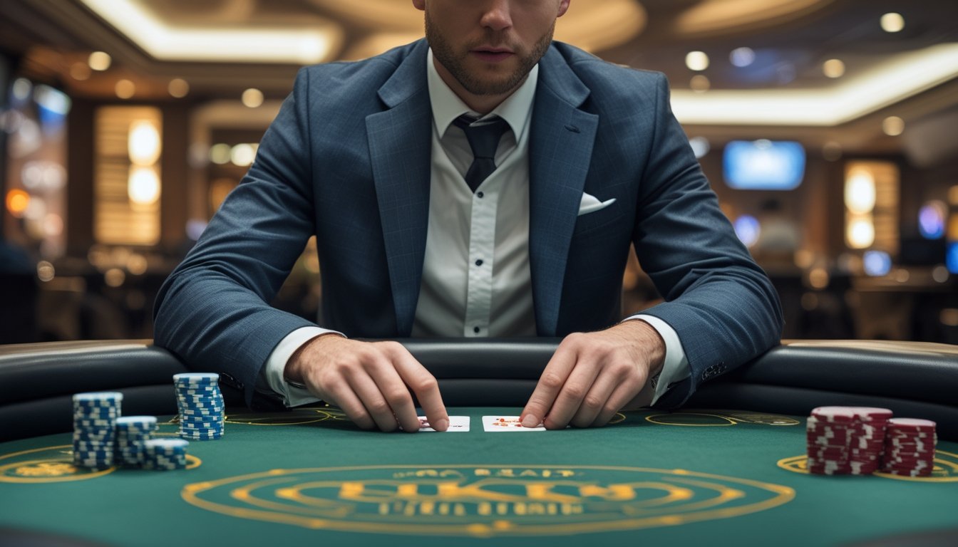 Seorang pemain poker percaya diri duduk di meja poker dengan tumpukan chip besar di kasino yang mewah.
