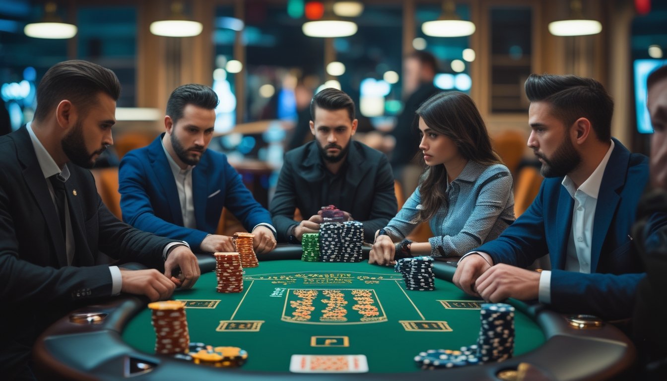 Sejumlah pemain poker sedang bermain di meja hijau dengan tumpukan chip dan kartu, fokus pada suasana kompetitif permainan poker.