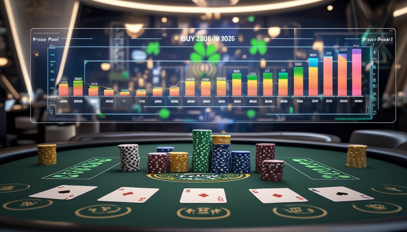 Meja poker profesional dengan tumpukan chip dan kartu, dilengkapi grafik digital yang menunjukkan perbandingan buy-in dan hadiah turnamen poker Irlandia terbaik tahun 2026.