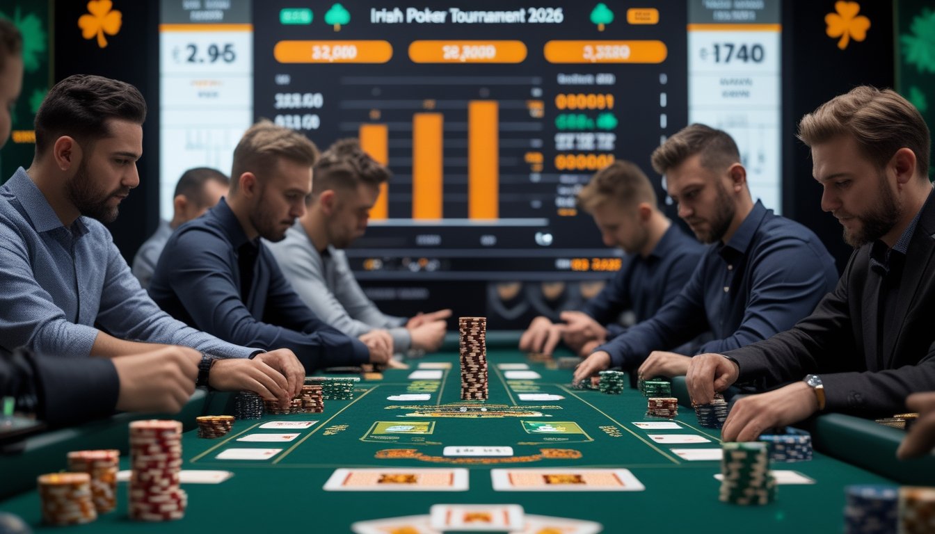 Meja poker dengan tumpukan chip berwarna-warni dan kartu, beberapa pemain serius bermain, latar belakang menampilkan layar dengan grafik statistik turnamen poker Irlandia 2026.