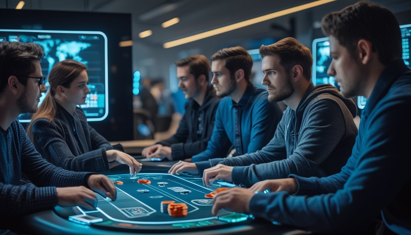 Beberapa pemain duduk di meja poker online dengan tampilan modern, saling mengamati gaya bermain satu sama lain.