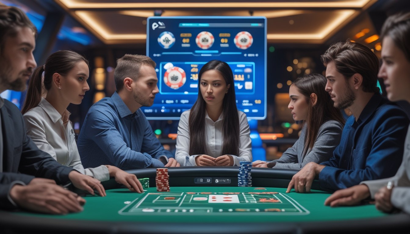 Sekelompok orang bermain poker online di meja digital dengan layar dan chip poker, menunjukkan berbagai gaya bermain.