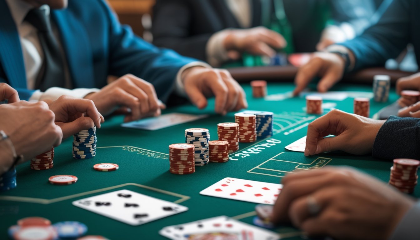 Adegan close-up permainan poker Irish dengan kartu dan chip di atas meja hijau, tangan pemain sedang bermain kartu.