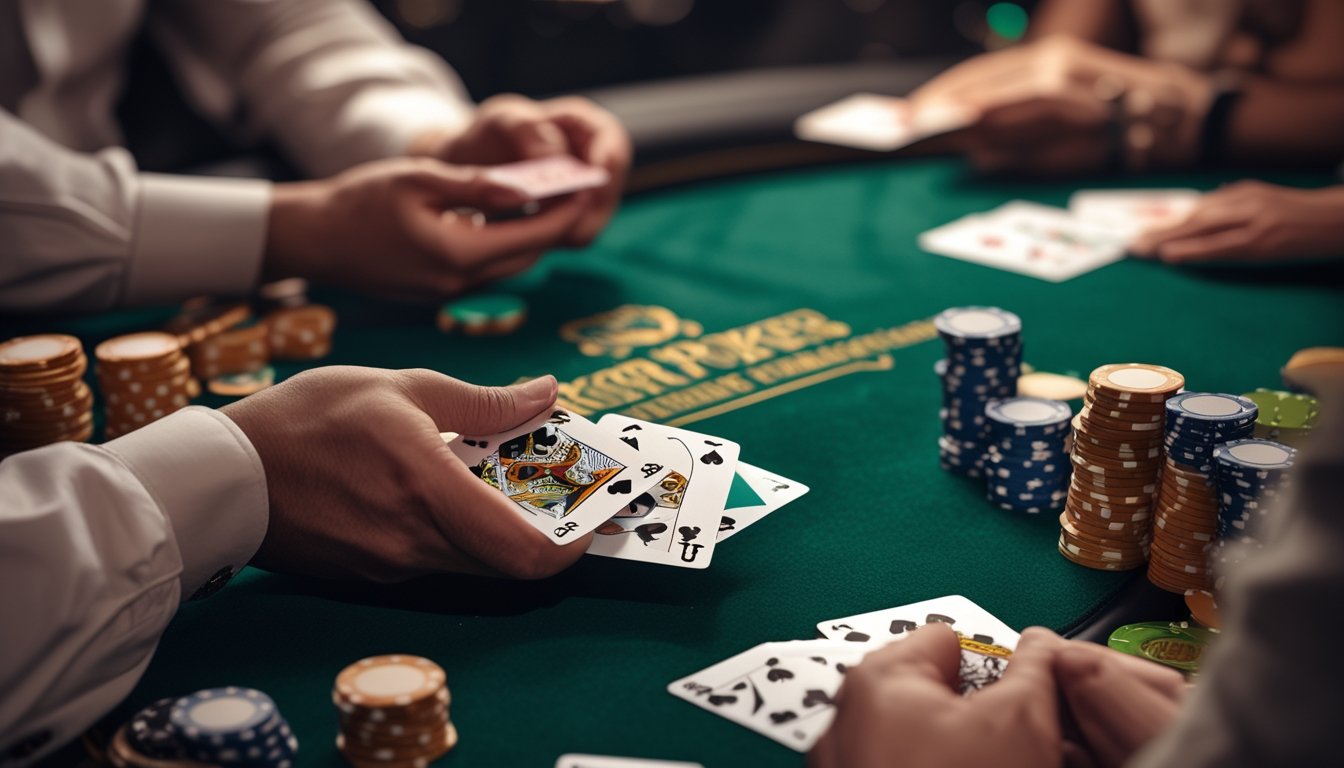 Tangan pemain memegang kombinasi kartu flush dan straight di meja poker dengan chip dan permukaan meja hijau.