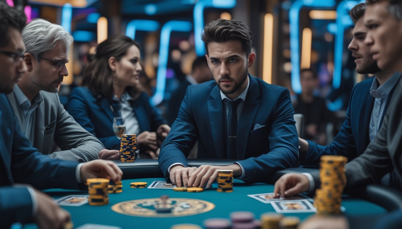 Sejumlah pemain sedang bermain poker di meja dengan ekspresi serius dan fokus, satu pemain tampak percaya diri saat melakukan bluffing.