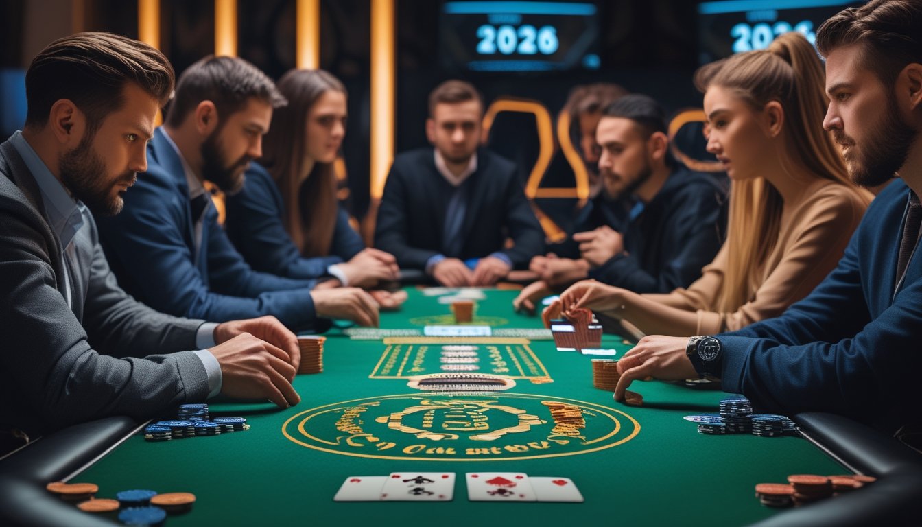 Beberapa pemain poker sedang bermain di meja poker dengan ekspresi serius dan fokus, menunjukkan suasana permainan yang tegang.