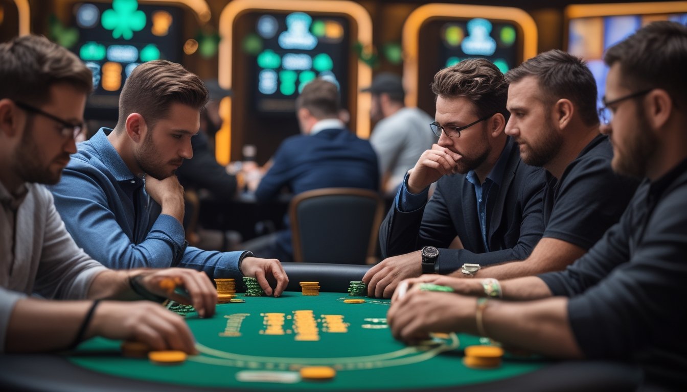 Sejumlah pemain poker sedang duduk di meja hijau, fokus bermain dalam suasana turnamen poker bertema Irlandia.