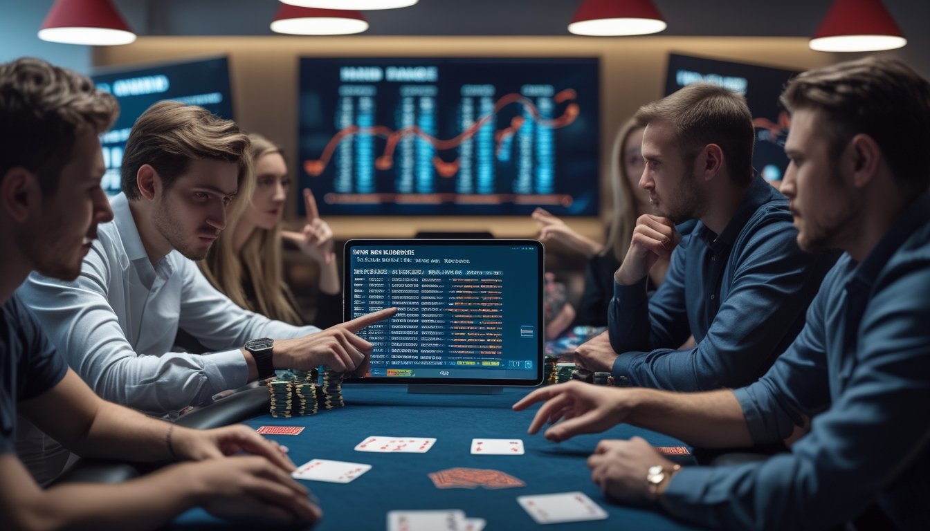 Beberapa pemain poker duduk mengelilingi meja poker dengan chip dan kartu, fokus pada layar digital yang menampilkan data strategi poker.