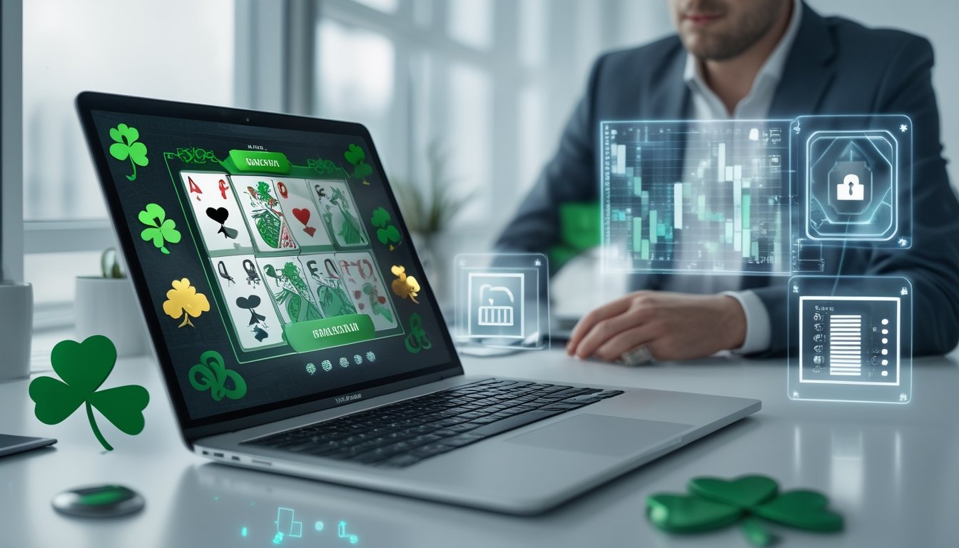 Seorang profesional sedang bekerja di depan laptop dengan tampilan permainan poker bertema Irlandia dan ikon keamanan data di sekitarnya.