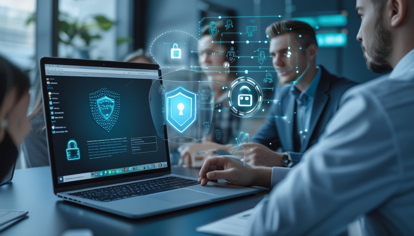 Seorang profesional sedang menggunakan laptop dengan tampilan platform poker Irlandia yang aman, dikelilingi oleh ikon keamanan data seperti gembok dan perisai digital.