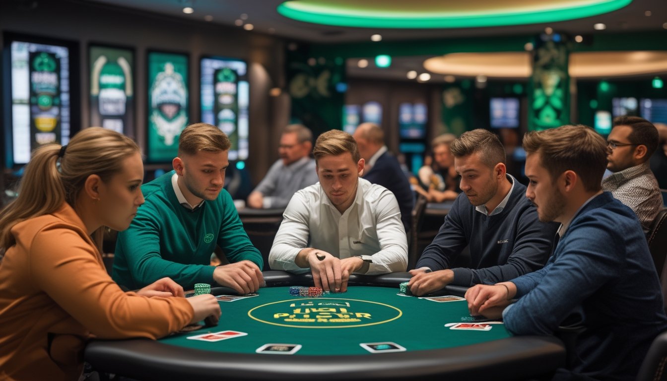 Sekelompok pemain poker sedang fokus bermain di meja dengan satu pemain terlihat bertahan menghadapi pemain lain yang agresif.
