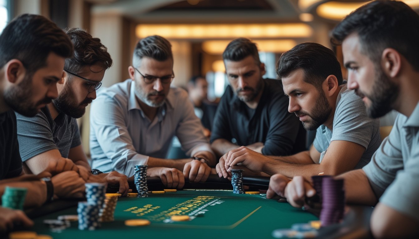 Sekelompok pemain poker serius sedang bermain di meja dengan suasana tegang dan fokus.