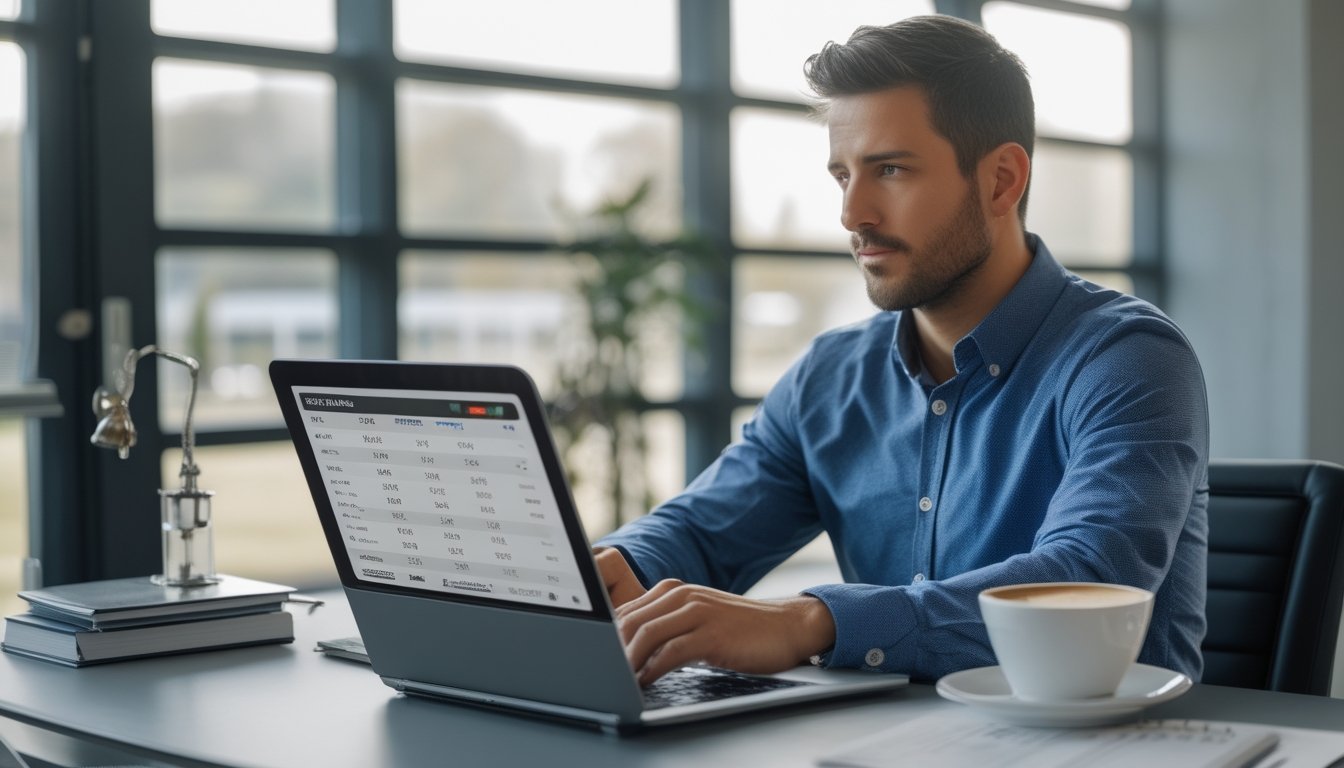 Seorang pria sedang duduk di meja dengan laptop dan catatan, menganalisis data balap kuda dan mengelola modal taruhan.