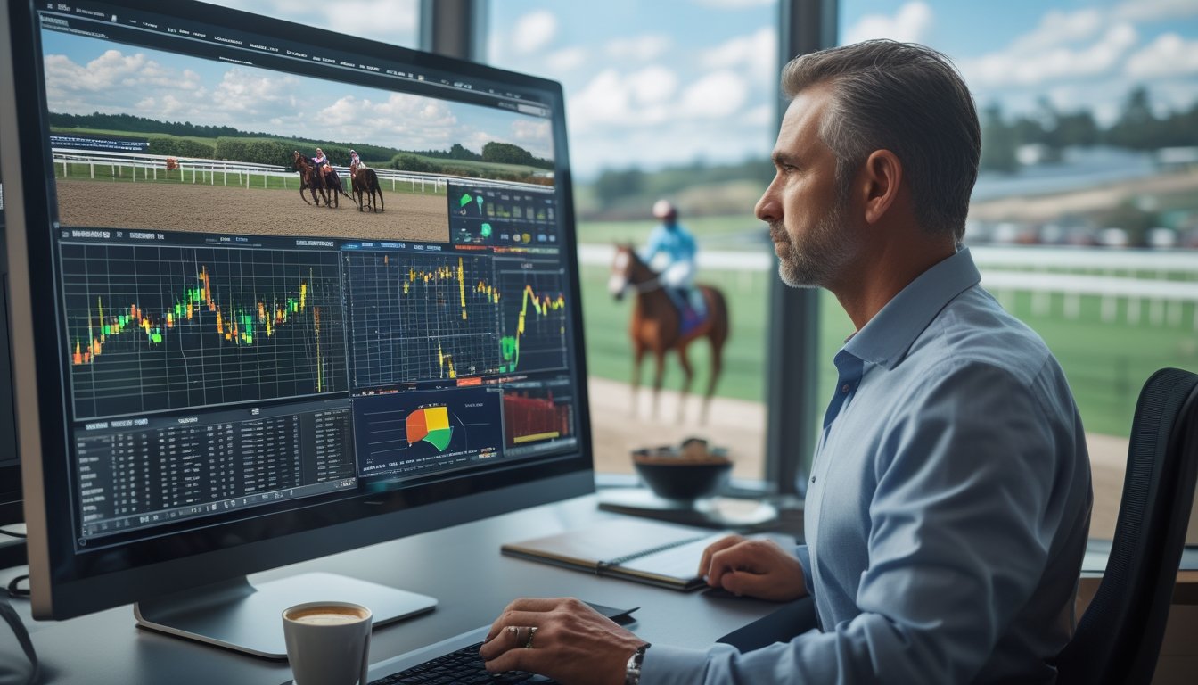 Seorang analis olahraga memeriksa data kondisi lintasan pacuan kuda di layar digital dengan latar belakang lintasan balap kuda dan kuda yang sedang pemanasan.