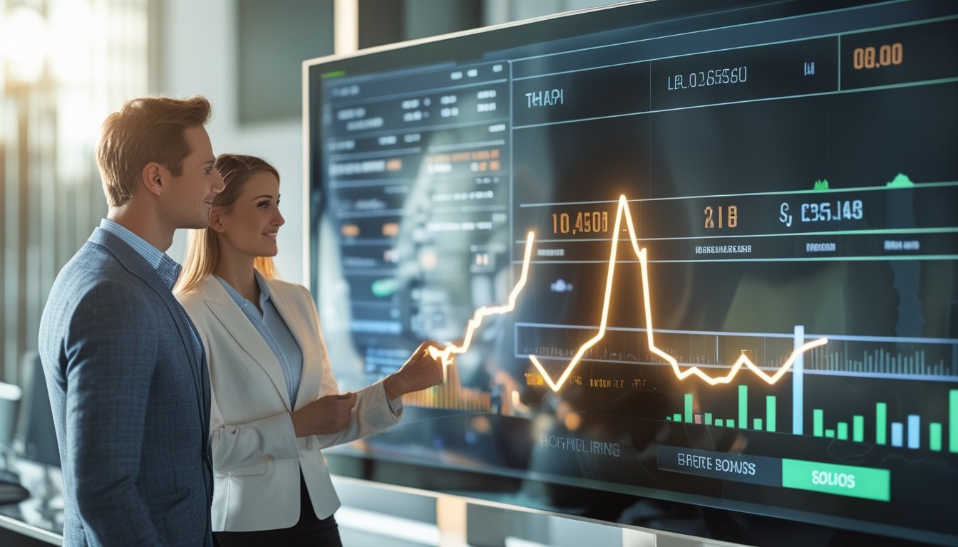 Seorang pria dan wanita di kantor modern melihat layar digital yang menampilkan data balap kuda dan statistik taruhan.