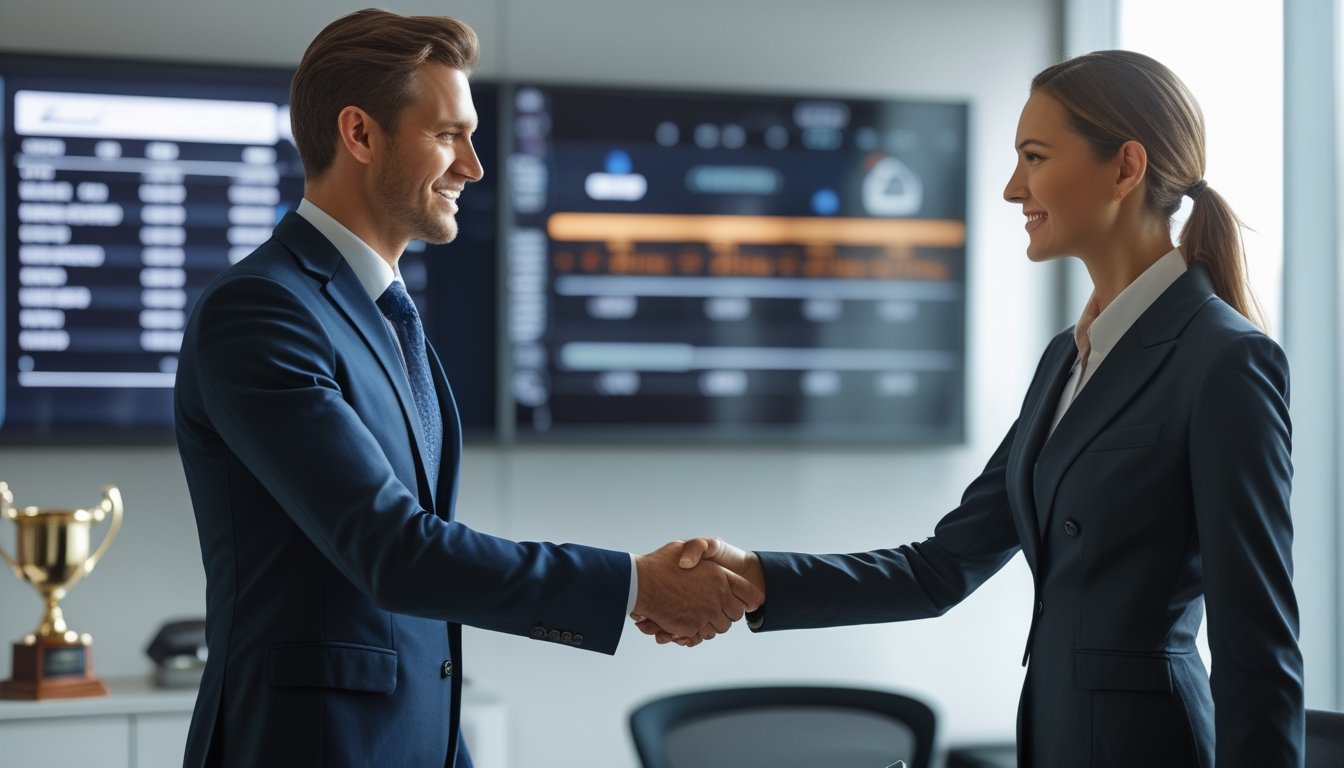 Dua orang profesional berjabat tangan di kantor modern dengan layar digital menampilkan statistik balap kuda di latar belakang.