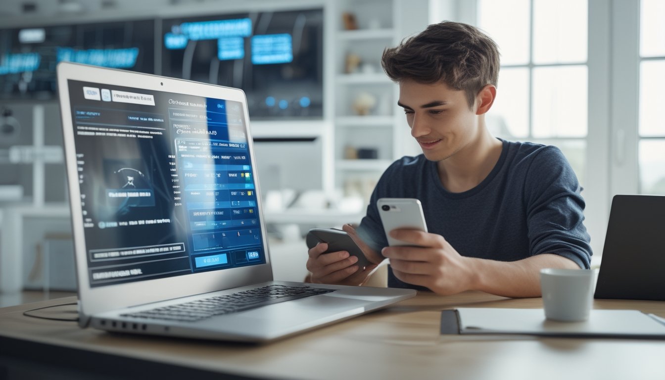 Seseorang menggunakan laptop dan ponsel di ruang kerja rumah yang terang, mengakses platform taruhan balap kuda online dengan fokus dan santai.