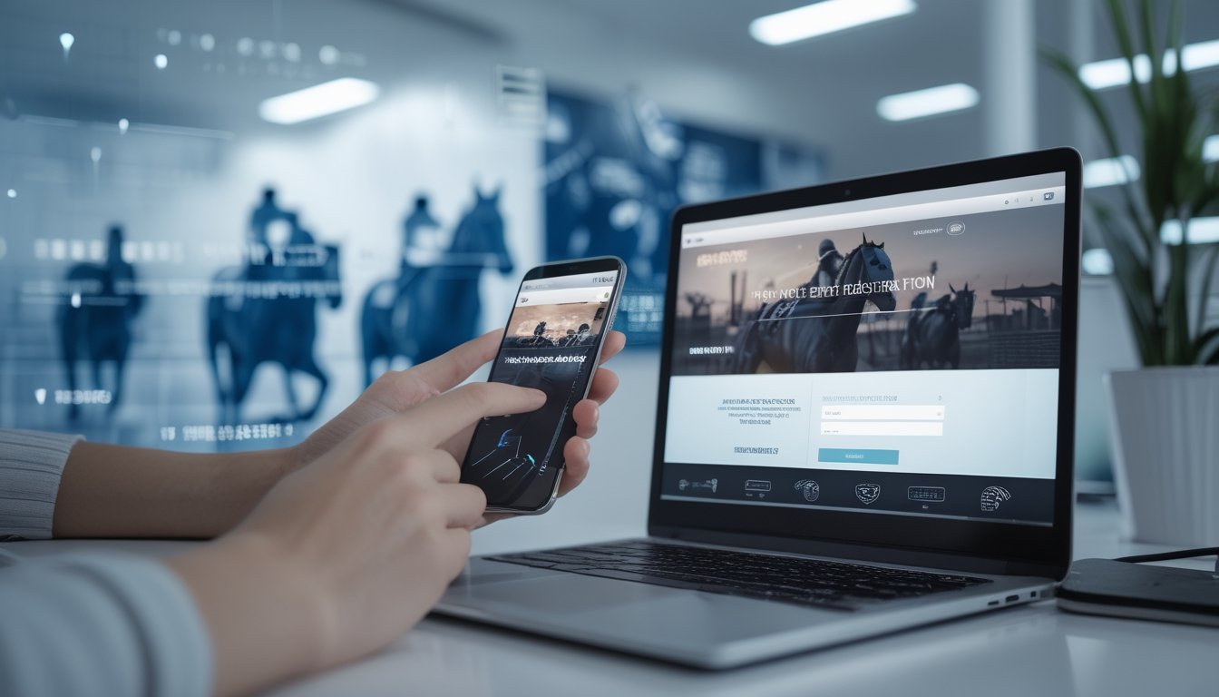 Tangan seseorang menggunakan ponsel dan laptop di meja kerja yang bersih dengan tampilan antarmuka pendaftaran akun judi balap kuda online.