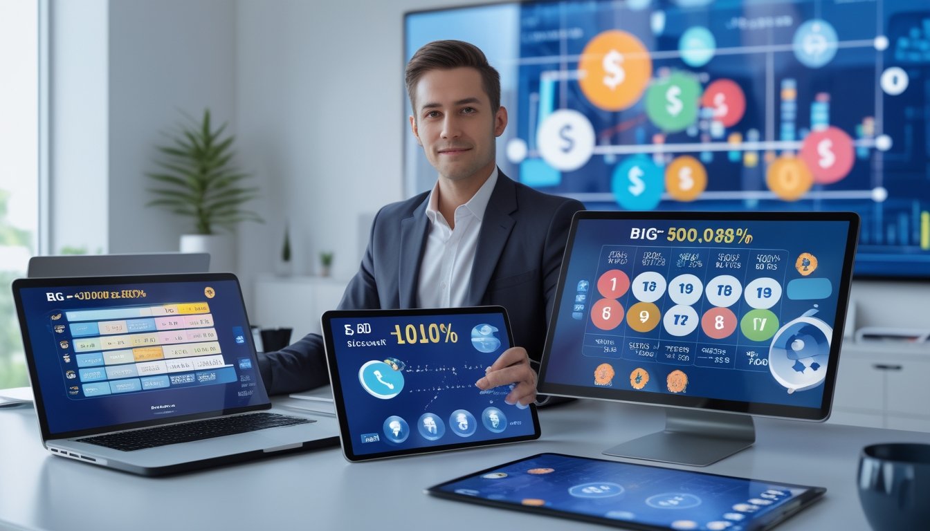 Seorang profesional duduk di meja kantor modern dengan beberapa perangkat digital menampilkan grafik dan angka lotere, suasana terang dan profesional.
