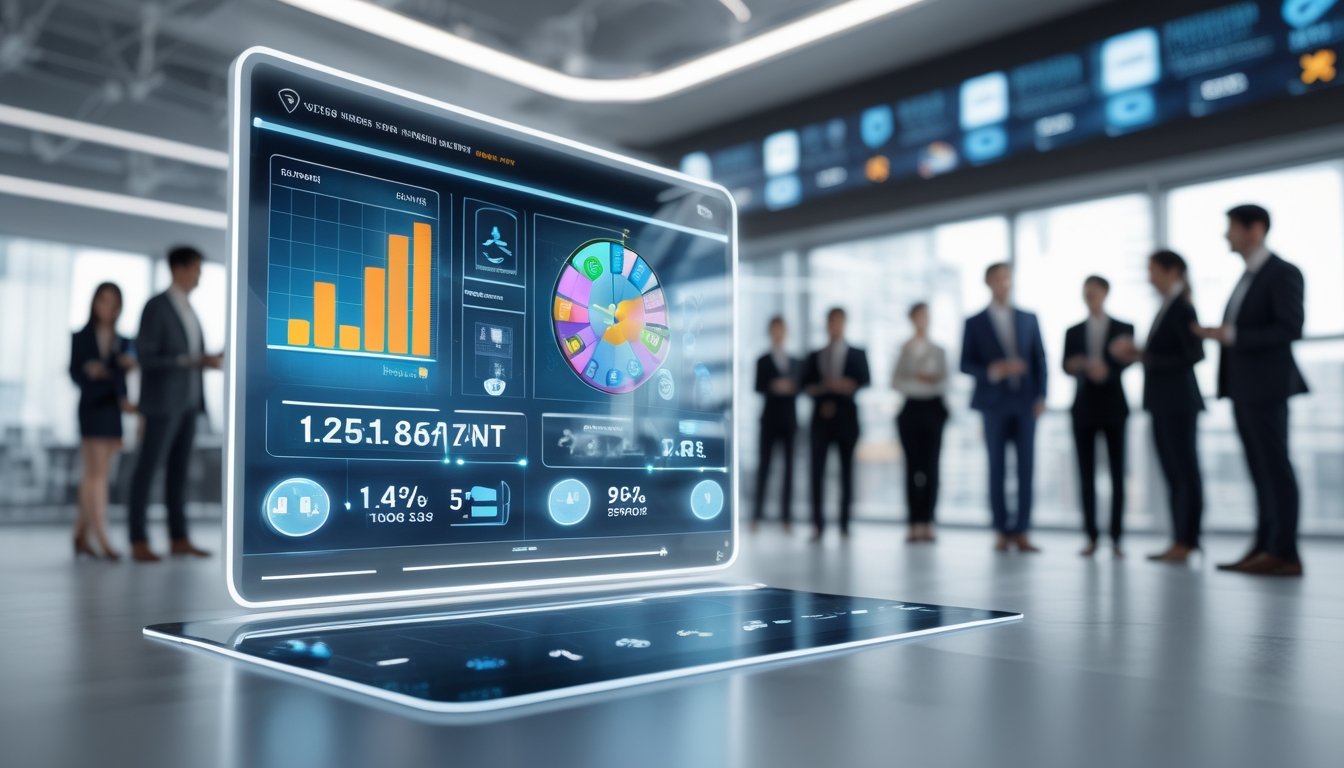 Sekelompok orang profesional menggunakan teknologi modern di kantor yang terang, menampilkan antarmuka digital dengan grafik dan ikon hadiah besar serta diskon.