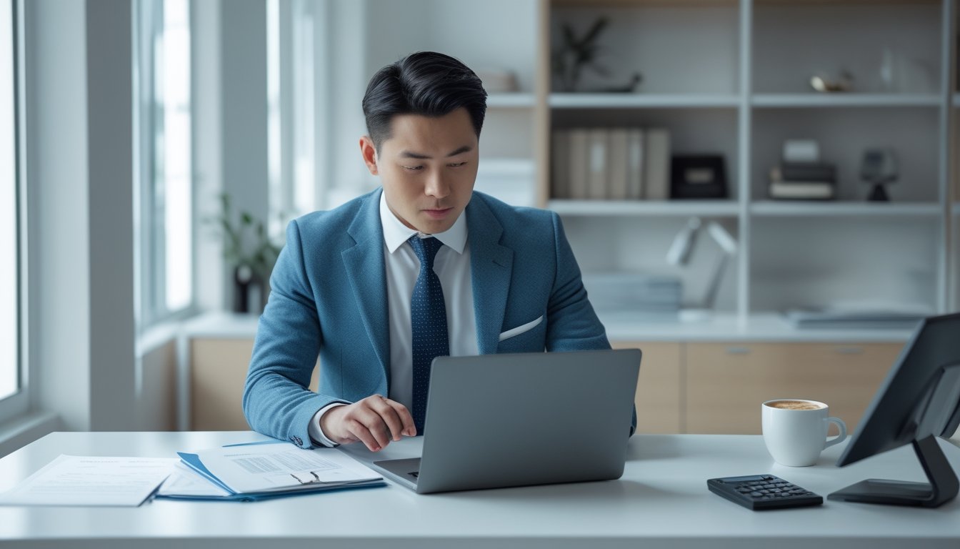 Seorang pria Asia Tenggara duduk di meja kantor modern sambil meninjau dokumen dan menggunakan laptop dengan serius.