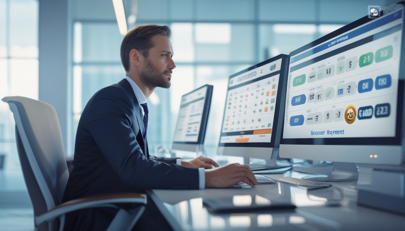 Seorang operator judi online yang percaya diri duduk di depan komputer dengan layar menampilkan antarmuka togel dan ikon keamanan di ruang kantor modern.