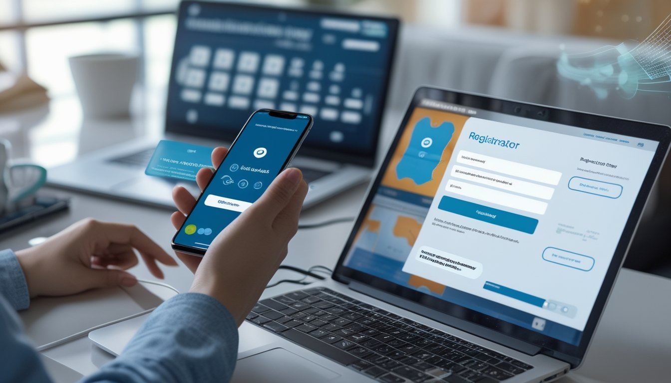 Seseorang menggunakan ponsel dan laptop untuk mendaftar akun togel online melalui e-wallet di meja kerja modern.