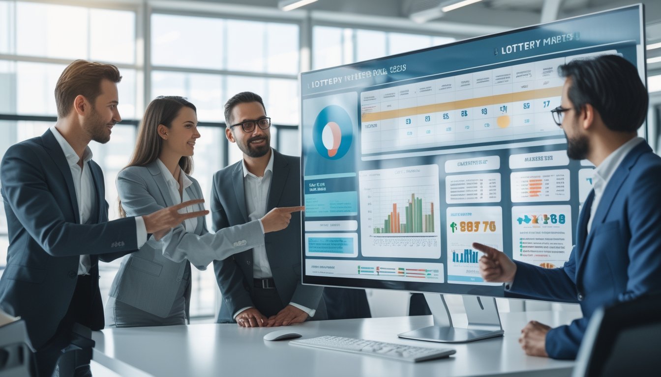Sekelompok profesional sedang berdiskusi di kantor modern dengan layar digital menampilkan grafik dan data lotere tahun 2026.