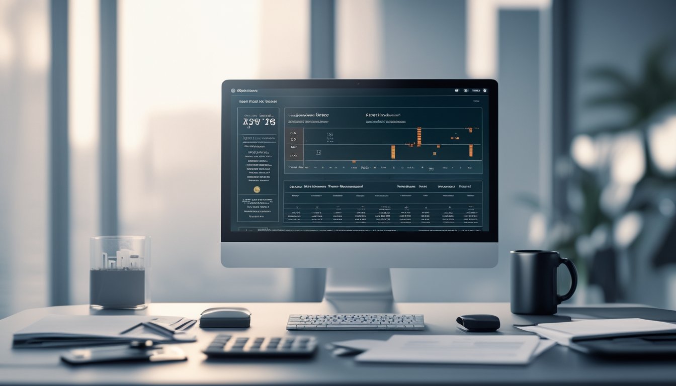 Sebuah meja kerja dengan komputer yang menampilkan grafik dan data angka togel, dikelilingi dokumen dan alat tulis, menunjukkan suasana penelitian dan analisis data.