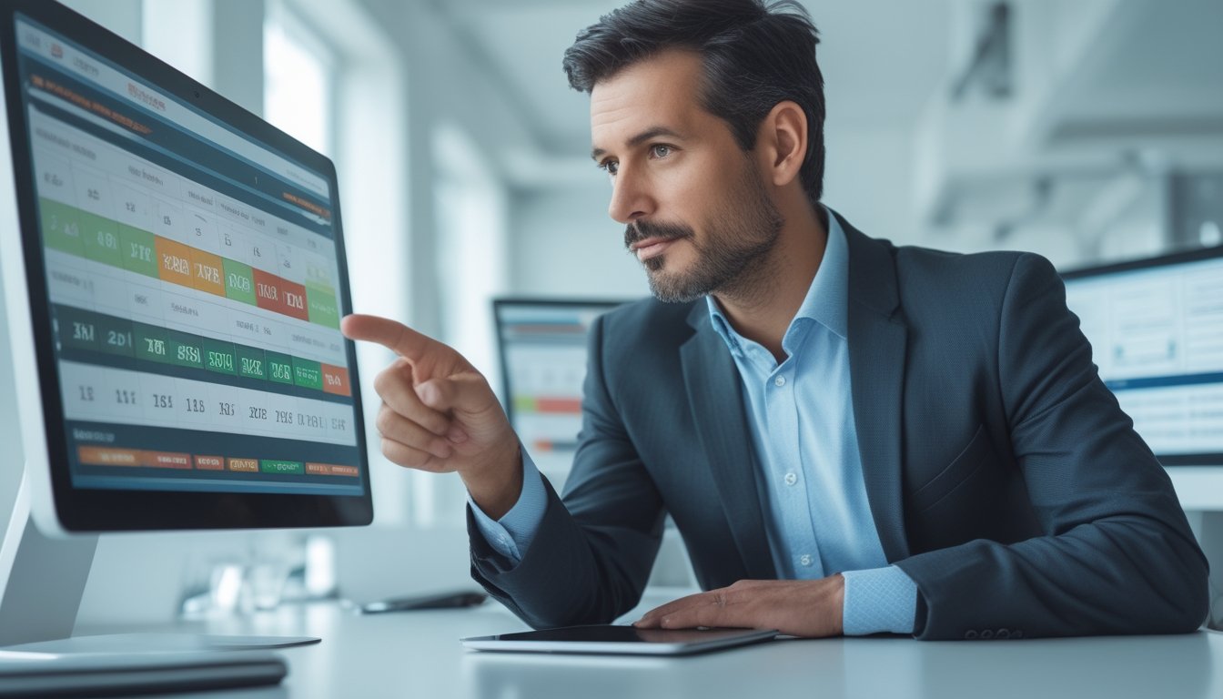 Seorang profesional sedang menganalisis data dan grafik pada tablet di kantor modern dengan beberapa monitor di meja.