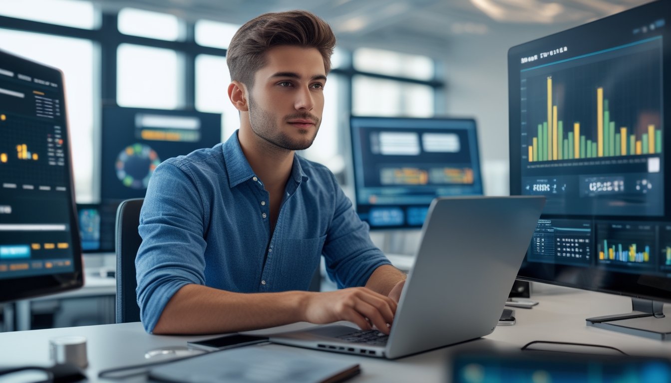 Seorang pria muda sedang menganalisis data di laptop di kantor modern dengan layar yang menampilkan grafik dan model prediksi digital.