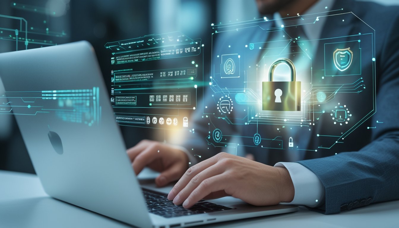 Seseorang menggunakan laptop dengan latar belakang elemen digital dan ikon kunci yang melambangkan keamanan data terenkripsi.