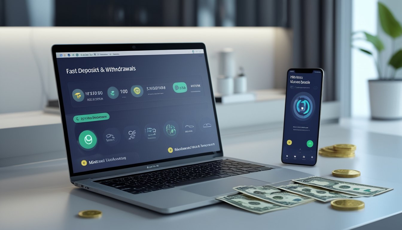 Meja kerja modern dengan laptop dan ponsel yang menampilkan aplikasi transaksi cepat serta uang rupiah di atas meja.