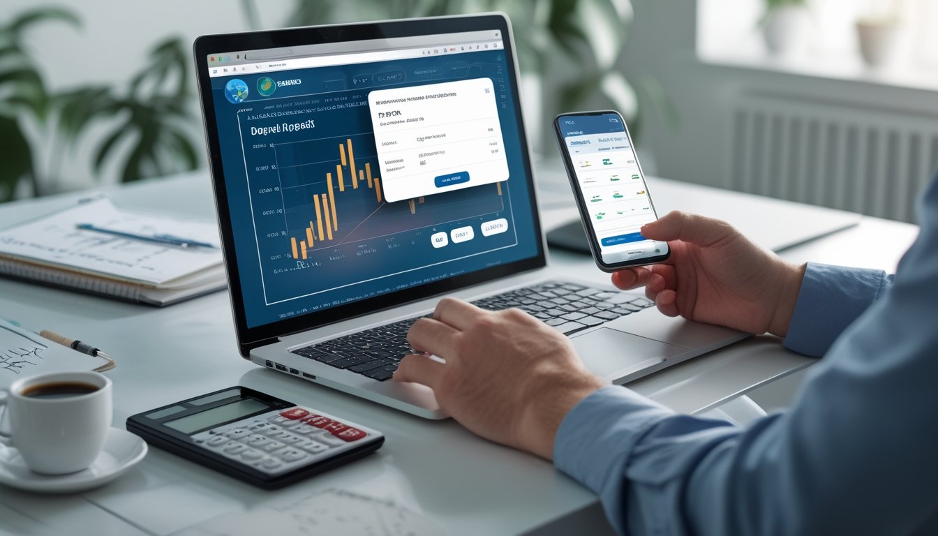 Seseorang menggunakan laptop dan ponsel di meja kerja untuk melakukan transaksi deposit dan withdraw dengan cepat dan efisien.