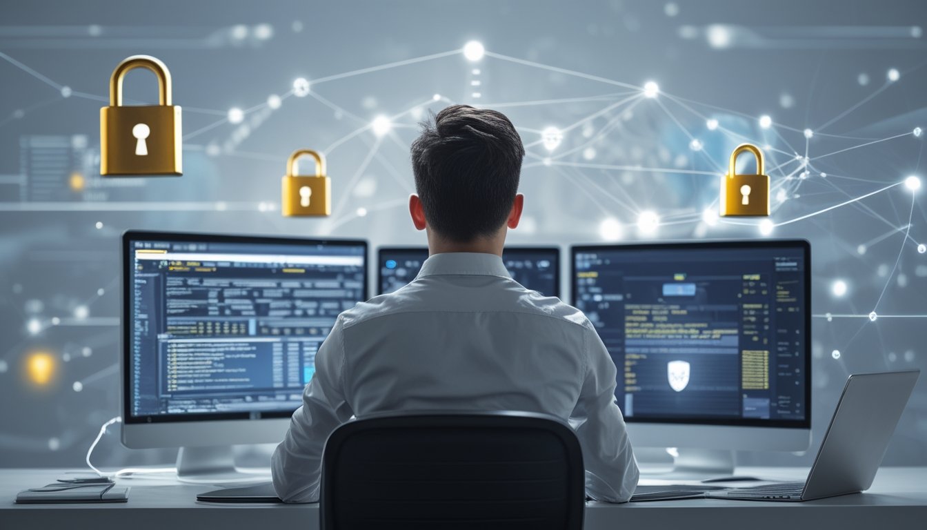 Seorang pria muda duduk di meja kerja dengan beberapa layar komputer yang menampilkan data dan peringatan keamanan, menunjukkan suasana kewaspadaan terhadap penipuan online.