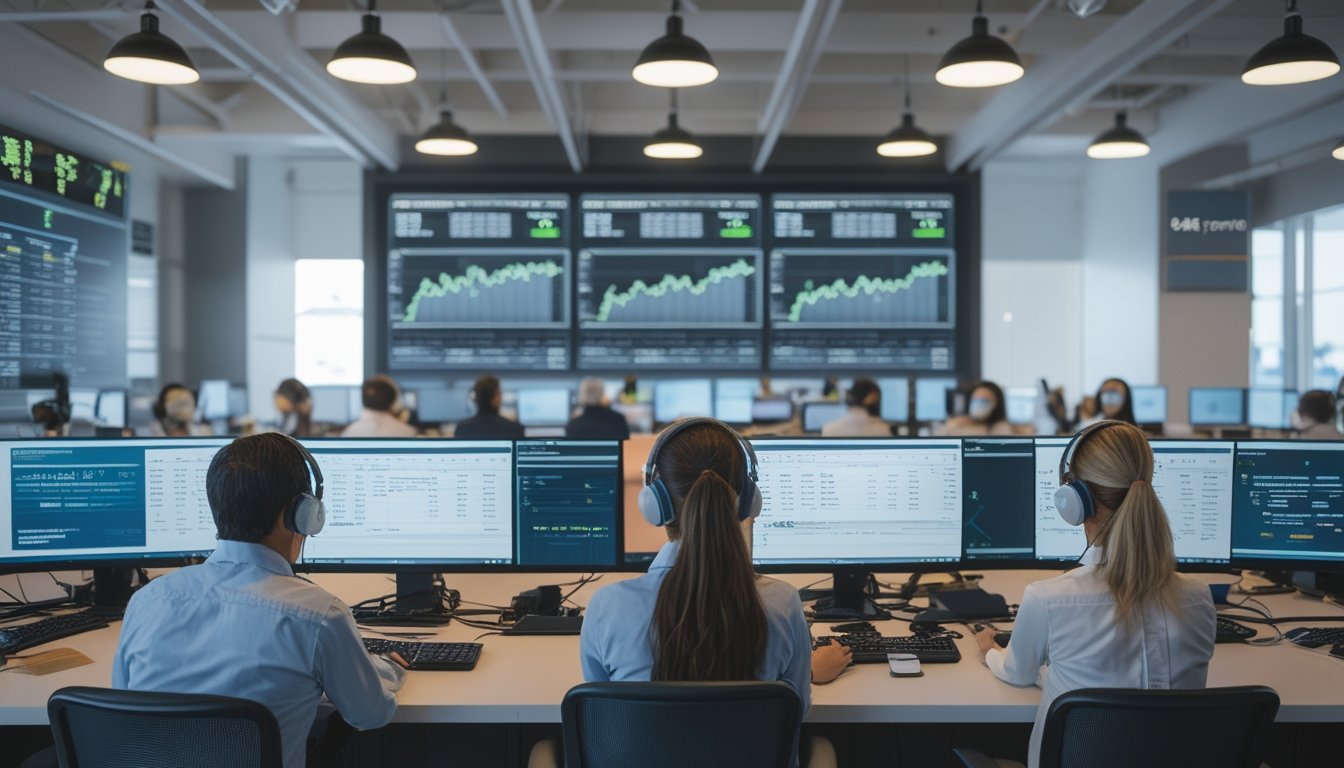 Tim layanan pelanggan sedang bekerja di kantor modern dengan komputer dan monitor yang menampilkan data analisis togel.