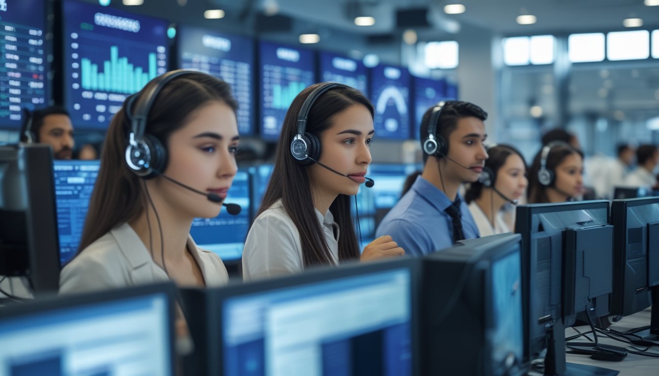 Tim layanan pelanggan yang sedang bekerja di pusat layanan dengan komputer dan headset, menunjukkan dukungan nonstop.