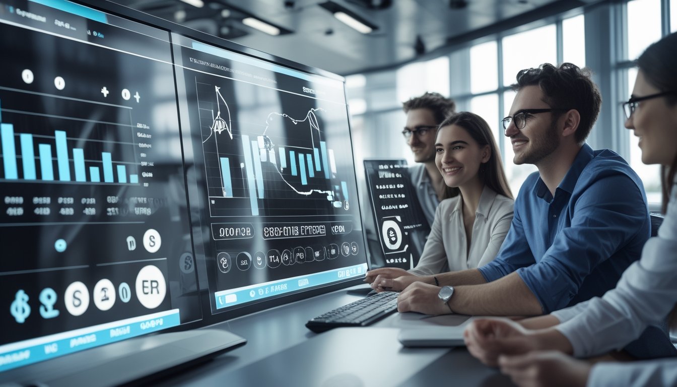 Sekelompok profesional muda sedang berdiskusi di kantor modern dengan layar sentuh besar yang menampilkan grafik dan ikon terkait permainan togel online.