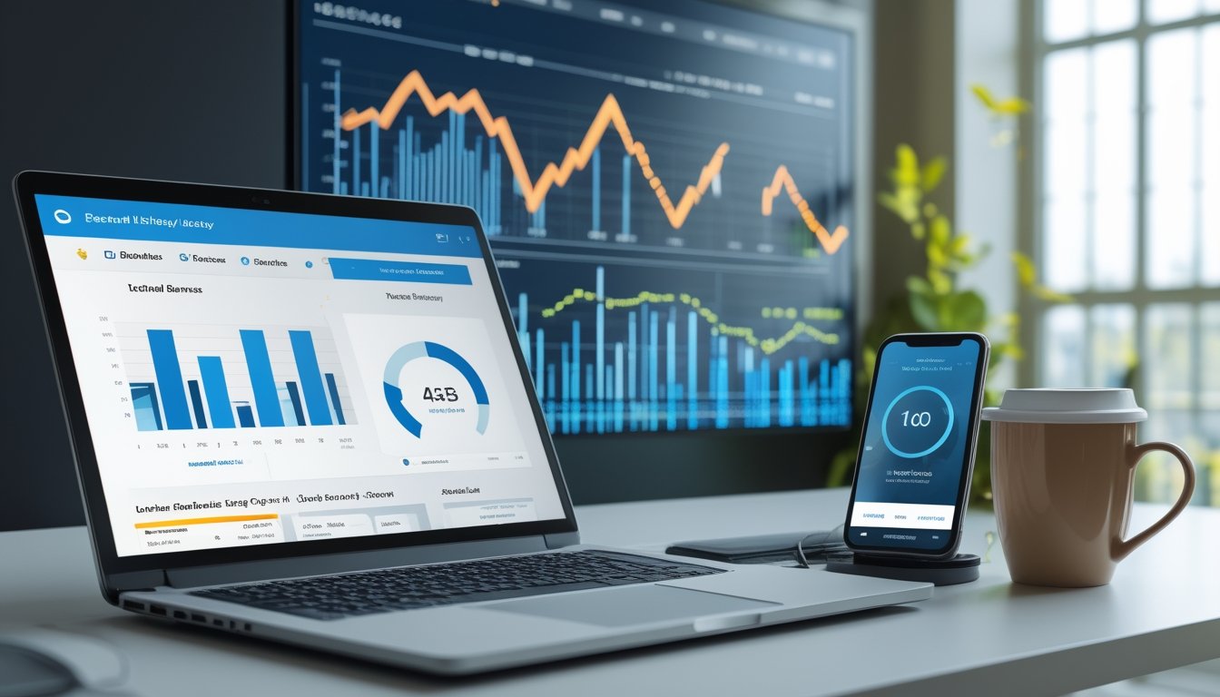 Meja kerja modern dengan laptop, ponsel, dan grafik data yang menunjukkan pertumbuhan bonus referral dan rollingan.