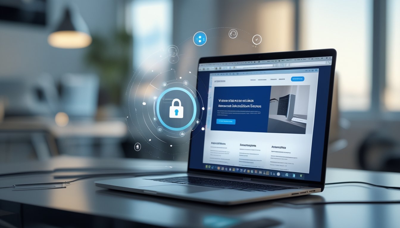 Seorang pekerja menggunakan laptop di ruang kerja modern dengan elemen teknologi di sekitarnya, menampilkan konsep koneksi internet yang aman dan terpercaya.