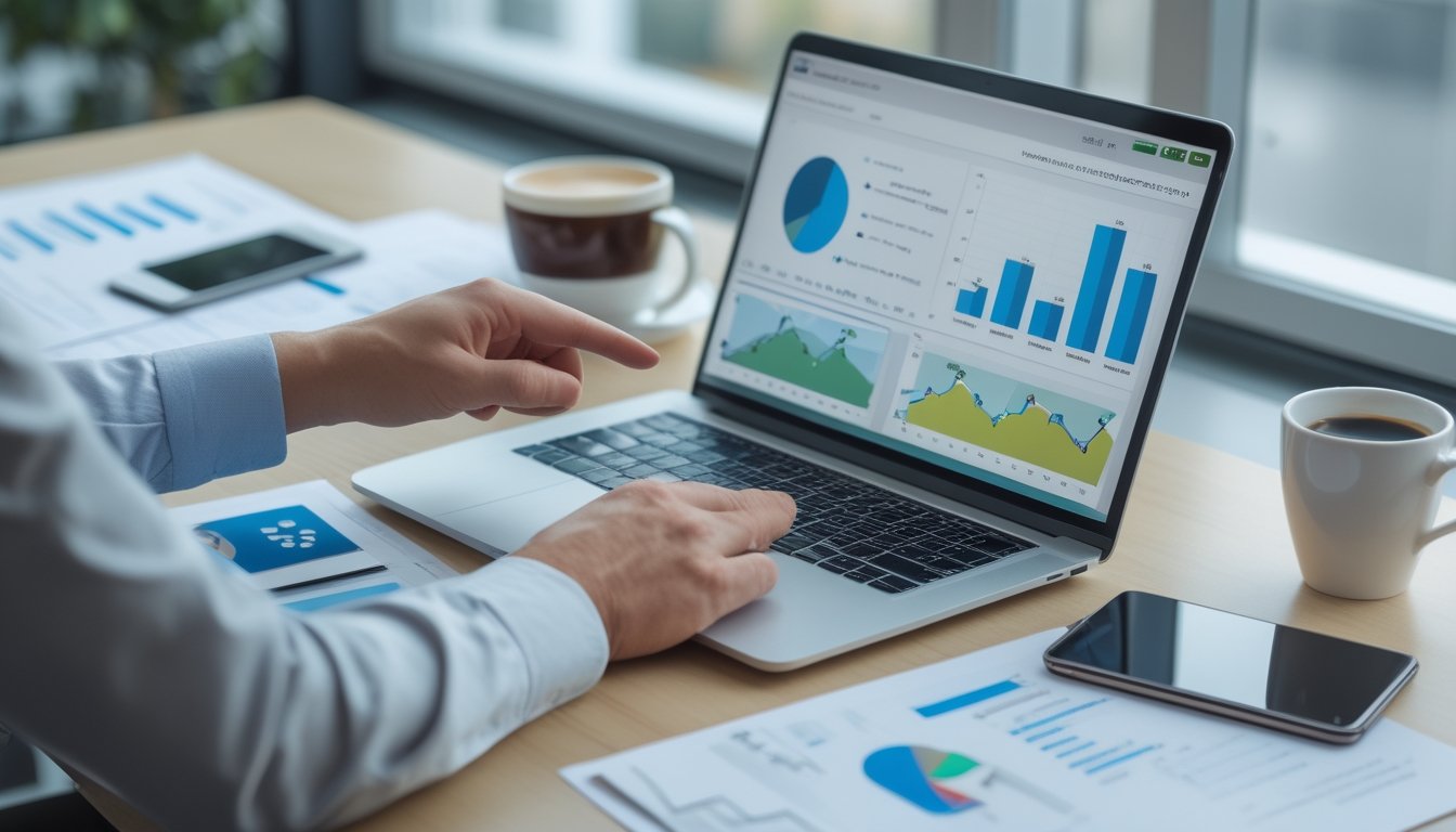 Meja kerja modern dengan laptop yang menampilkan grafik dan data, tangan seseorang menunjuk layar, dikelilingi dokumen dan kopi.